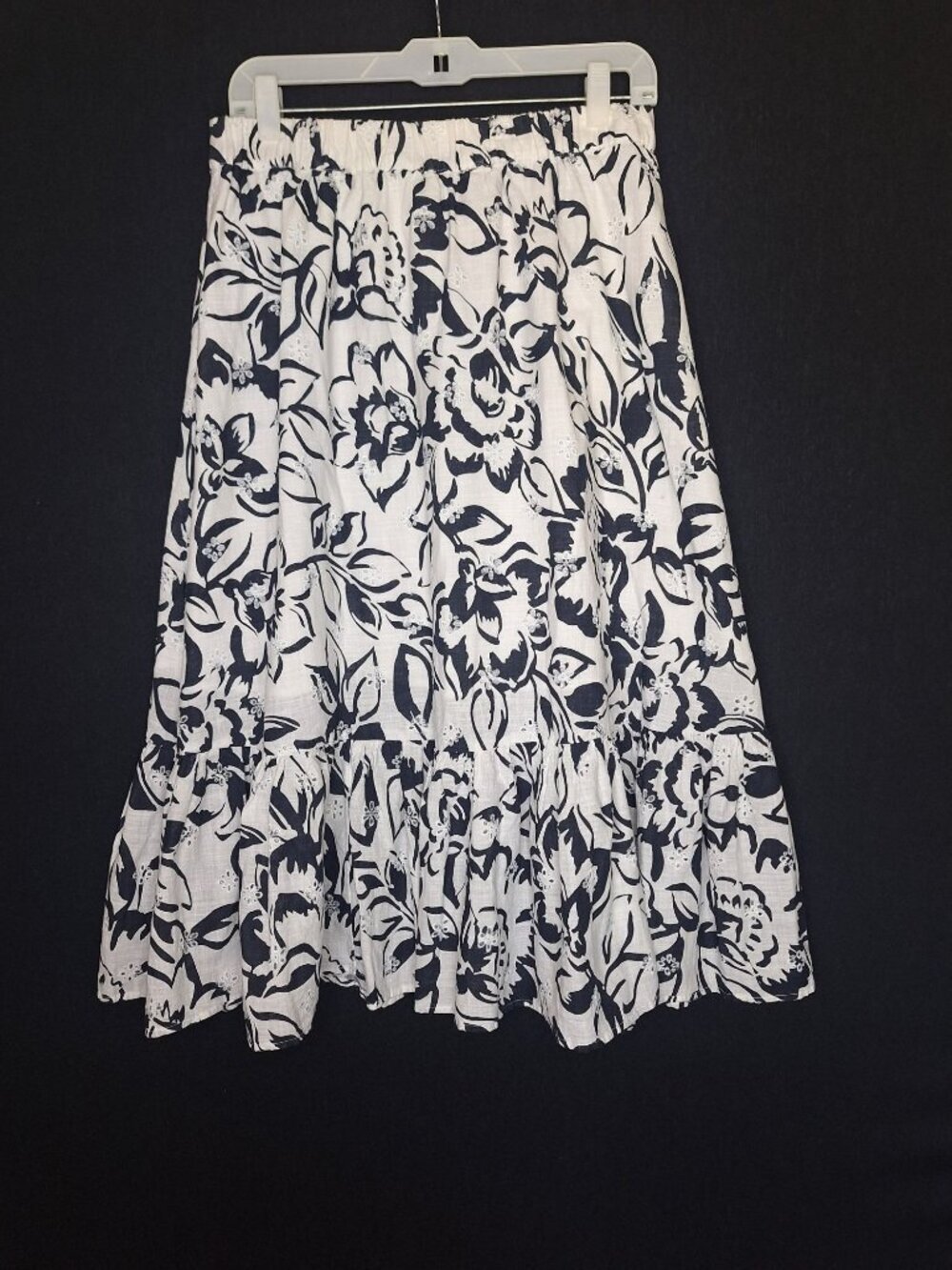 💙 C&A Floral Eyelet Embroidered Pull On Cotton Midi Skirt Size L Boho Cottage